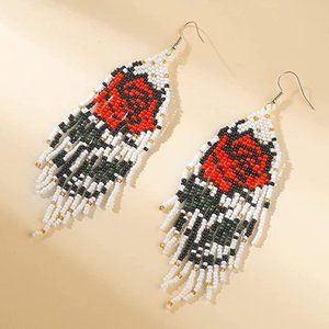 Long 4.5" Handmade Beaded Rose Earrings Large Roses Beads Handcrafted Floral